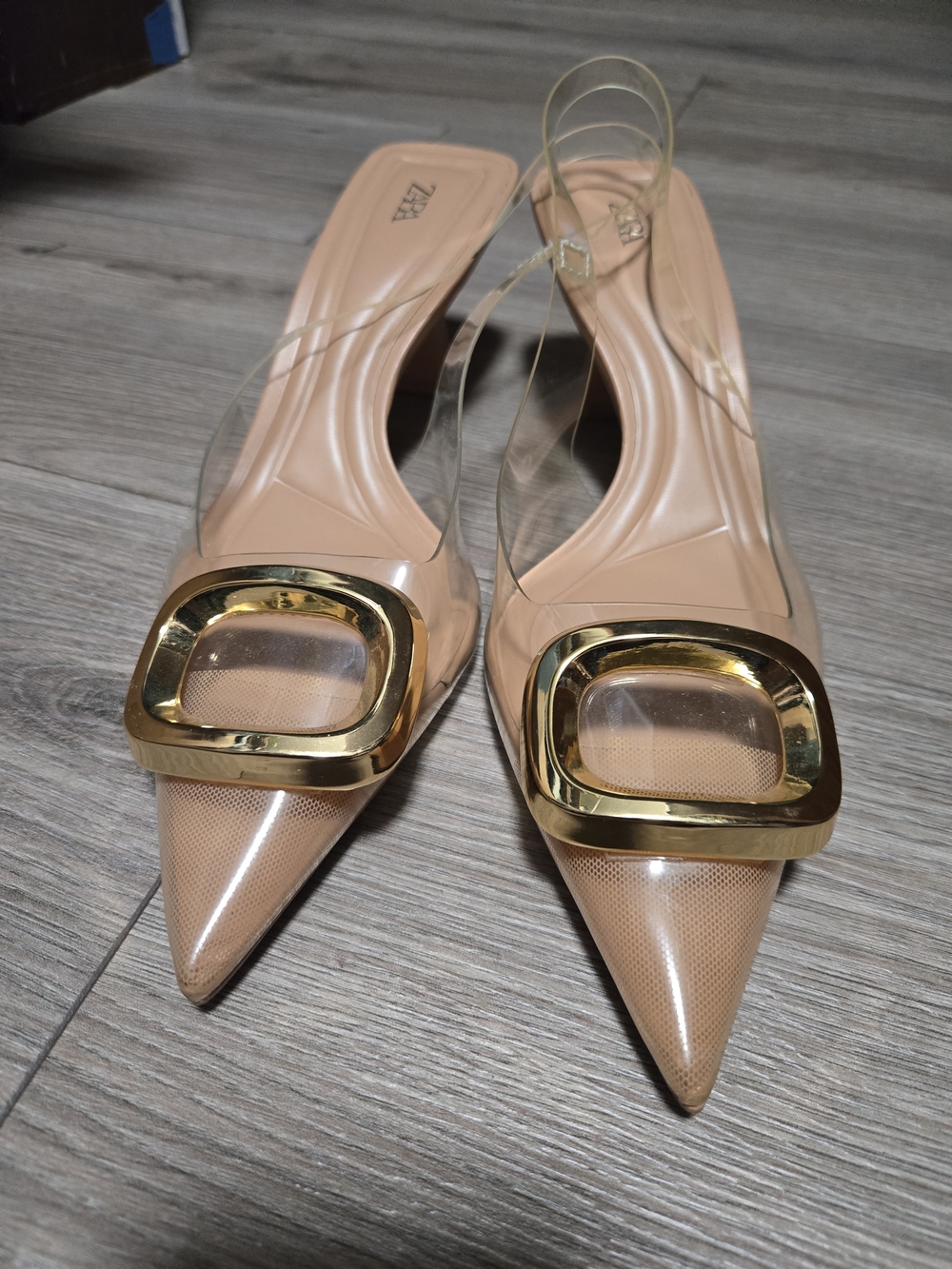 Zara Blush Patent Pointed Toe Slingbacks with Gold Buckle Accents